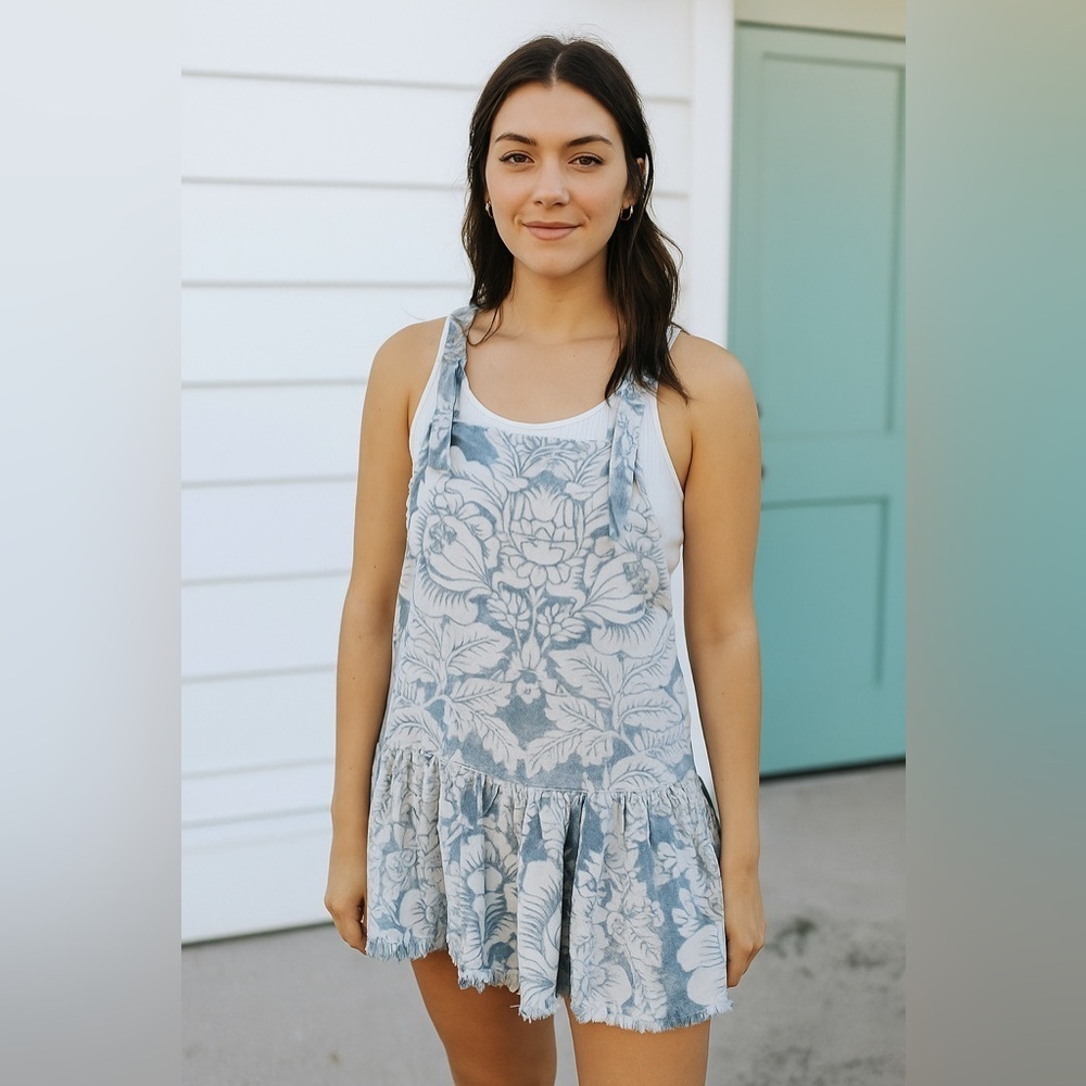 Urban Outfitters Overall Drop Flounce Hem Mini Dress Raw Hem Flower Print Medium